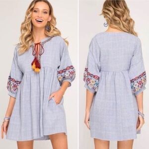 She and Sky Dress Size S Boho Peasant Embroidered Houndstooth Tassels Blue NWT